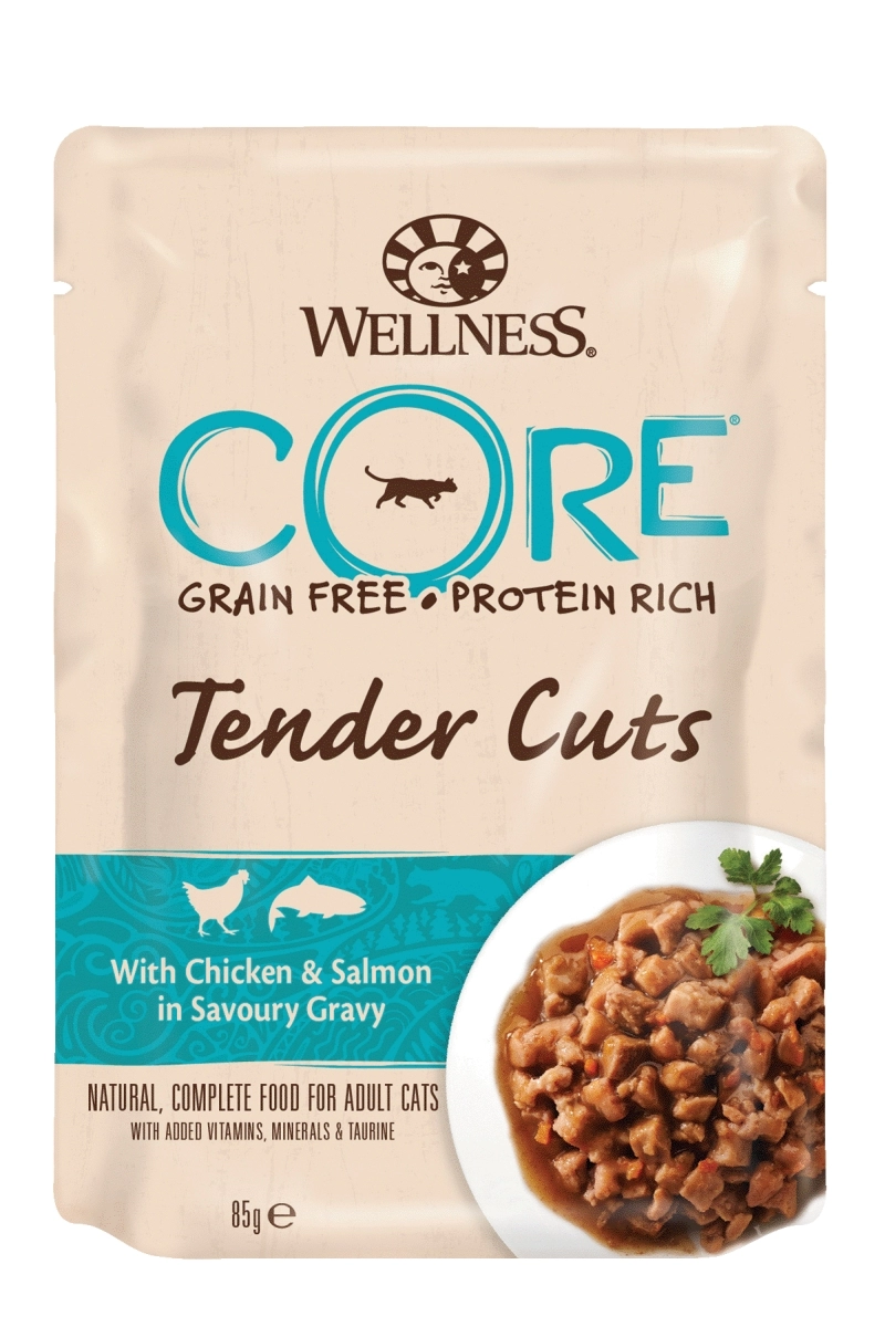 Wellness Core Cat Tender Cuts Alutasak Csirke&Lazac ízletes szószban 85g