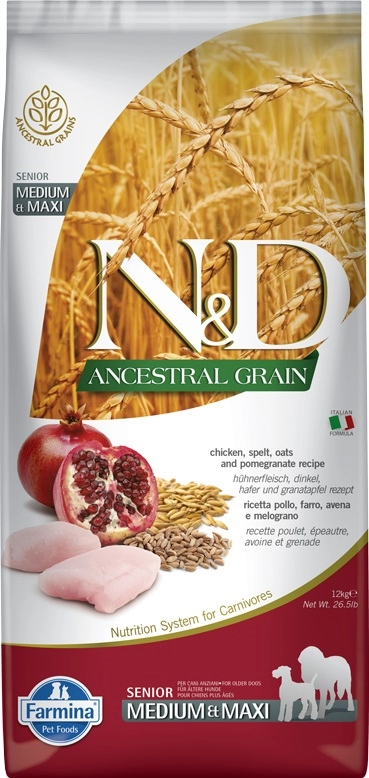N&D Dog Ancestral Grain csirke, tönköly, zab&gránátalma senior medium&maxi 12kg
