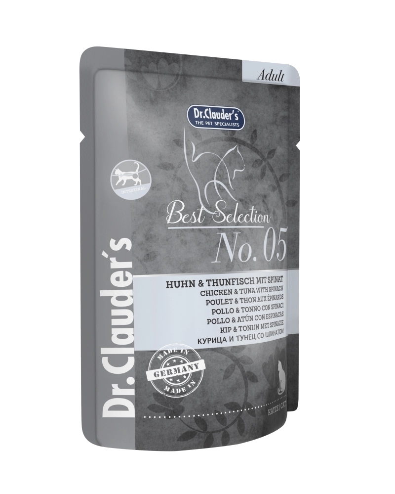 Dr.Clauders Cat Best Selection No5 Alutasak Csirke&tonhal spenóttal - Intestinal 85g