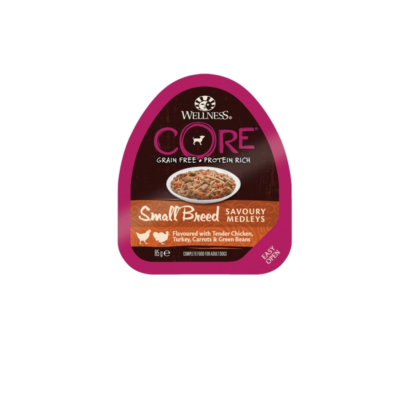 Wellness Core Dog Savoury Medleys Tálkás Omlós csirke,pulyka,sárgarépa&zöldbab Small 85g
