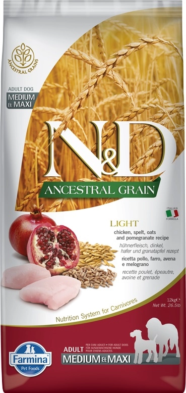 N&D Dog Ancestral Grain csirke, tönköly, zab&gránátalma adult light medium/maxi 12kg