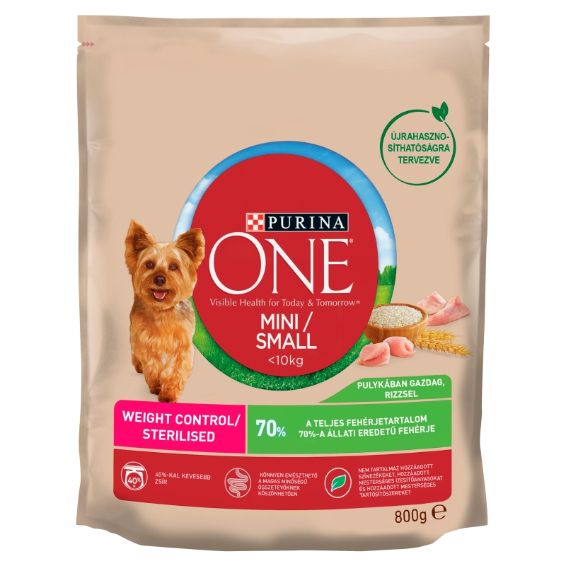 Purina One Mini/Small <10 kg Weight Control/Steril pulykában gazdag kutyaeledel rizzsel 800 g