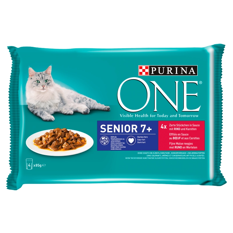 Purina One Senior 7+ Mini Filé nedves macskaeledel szószban marhával & sárgarépával 4 x 85 g
