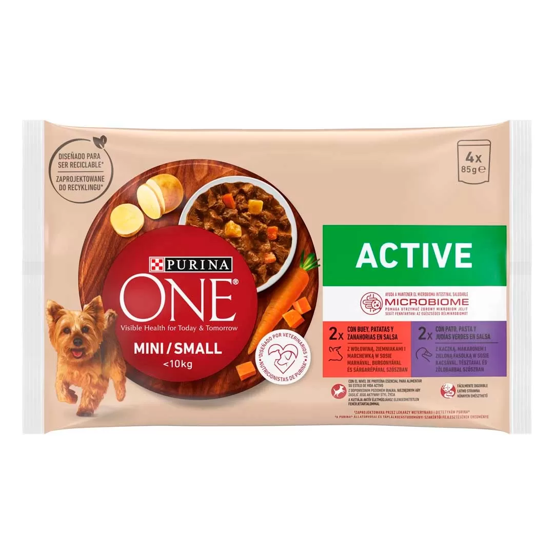 Purina One Mini Active marha, kacsa nedves kutyaeledel 4x85g