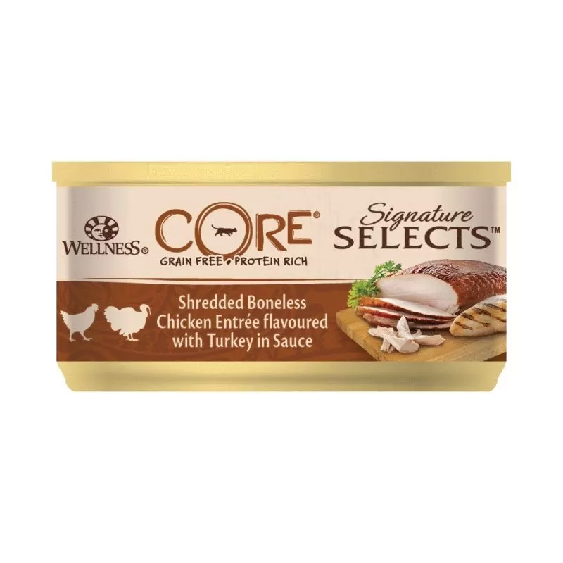 Wellness Core Cat Signature Selects konzerv Aprított csontmentes csirke pulykával szószban 79g
