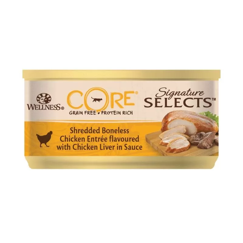 Wellness Core Cat Signature Selects konzerv Aprított csontmentes csirke csirkemájjal szószban 79