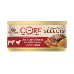 Wellness Core Cat Signature Selects konzerv Marhahús darabok & csontmentes csirke szószban 79g