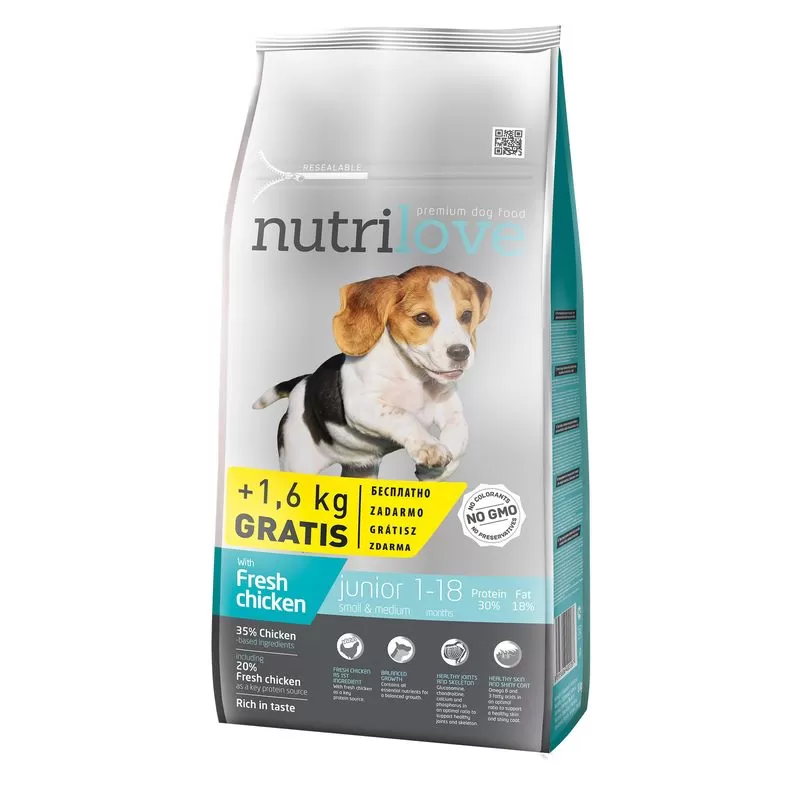 Nutrilove dog száraz JUNIOR small&medium friss csirke 8+1,6kg