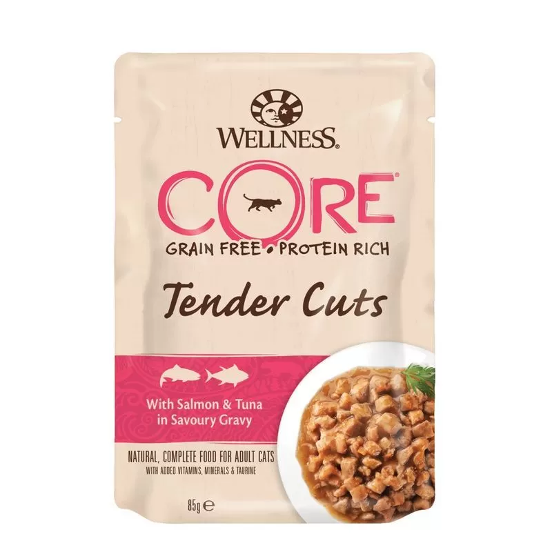 Wellness Core Cat Tender Cuts Alutasak Lazac&tonhal ízletes szószban 85g