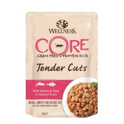 Wellness Core Cat Tender Cuts Alutasak Lazac&tonhal ízletes szószban 85g