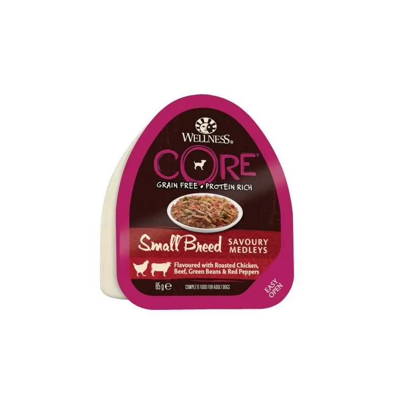 Wellness Core Dog Savoury Medleys tálkás Sült csirke,marha,zöldbab&piros paprika Small 85g
