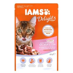 Iams Cat Delights Lazac és tőkehal falatok, ízletes szószban nedves macskatáp 85g