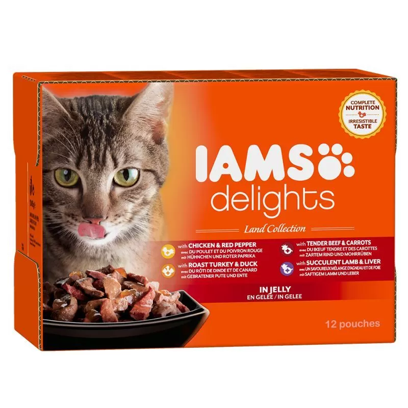 Iams Cat Delights LAND IN JELLY multipack, többféle íz, zamatos aszpikban 12x85g