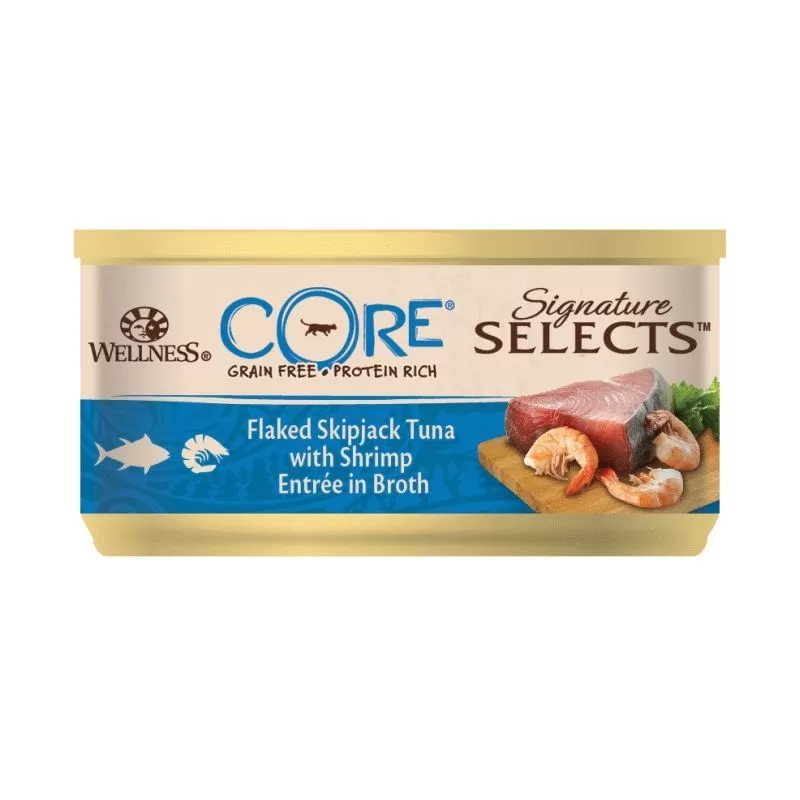 Wellness Core Cat Signature Selects konzerv Tonhal darabok garnélával lében 79g