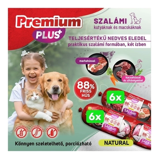 Premium Plus kutya, macska szalámi 88% hús marha,kacsahús+zöldségek 800g 2*6db BOX